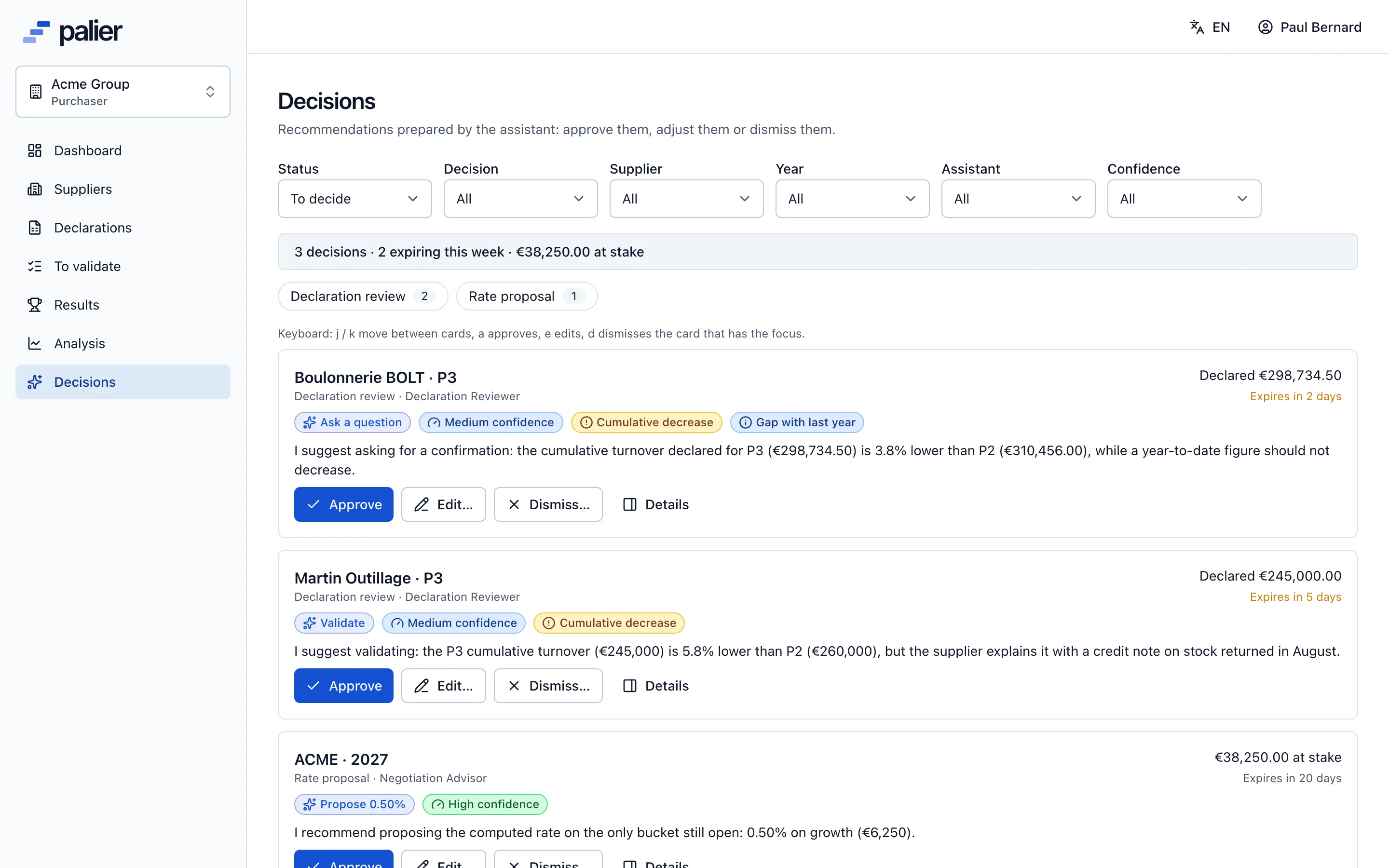 The AI assistant’s decision queue: each card proposes an action to approve, edit or dismiss
