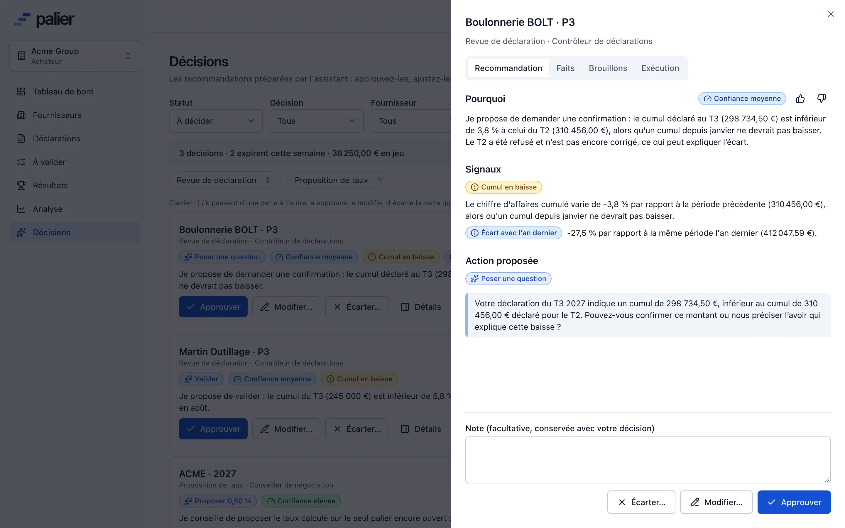 Détail d’une recommandation de l’assistant IA : justification, faits utilisés et brouillon de message