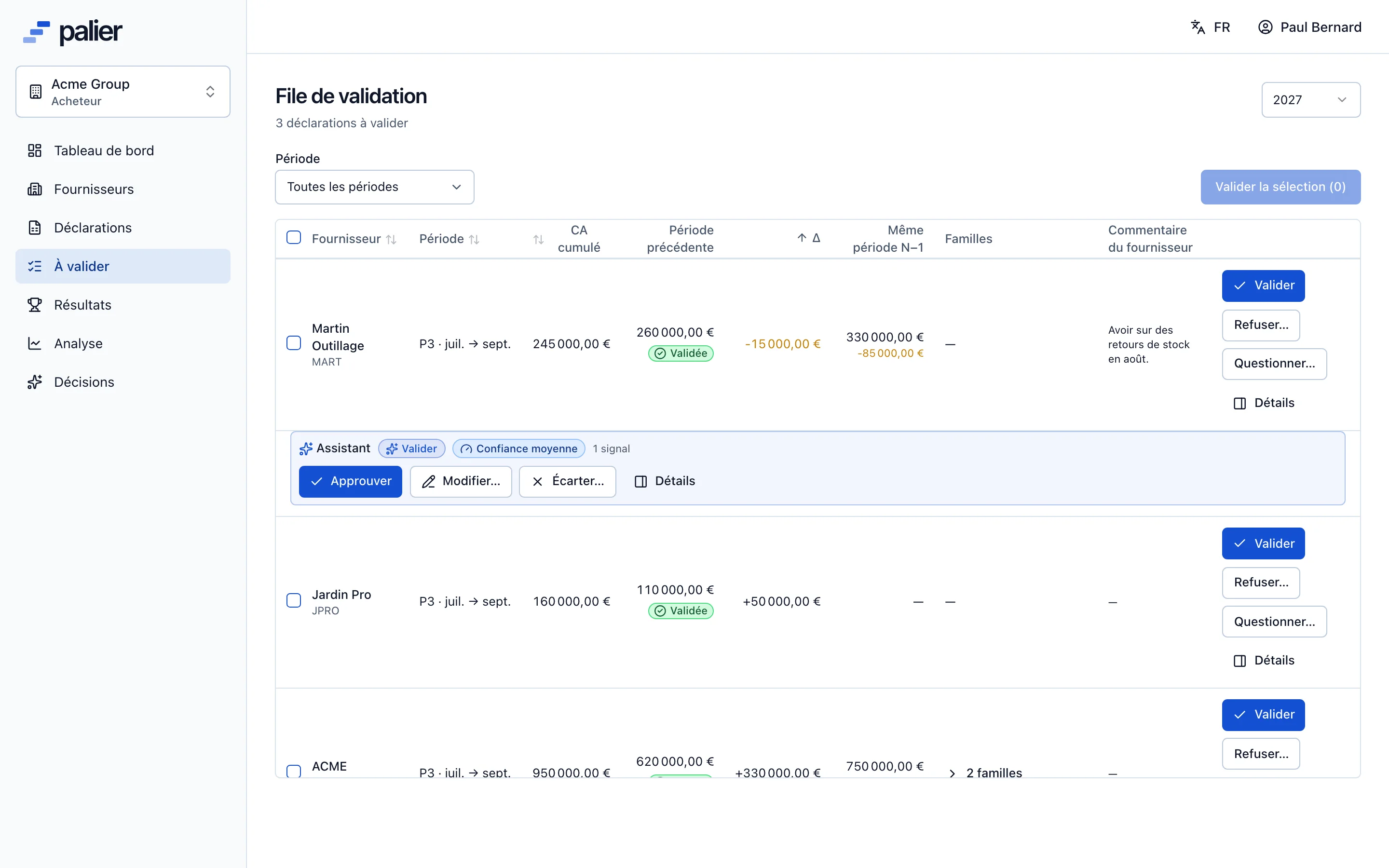 File de validation des déclarations de chiffre d’affaires, avec les recommandations de l’assistant IA